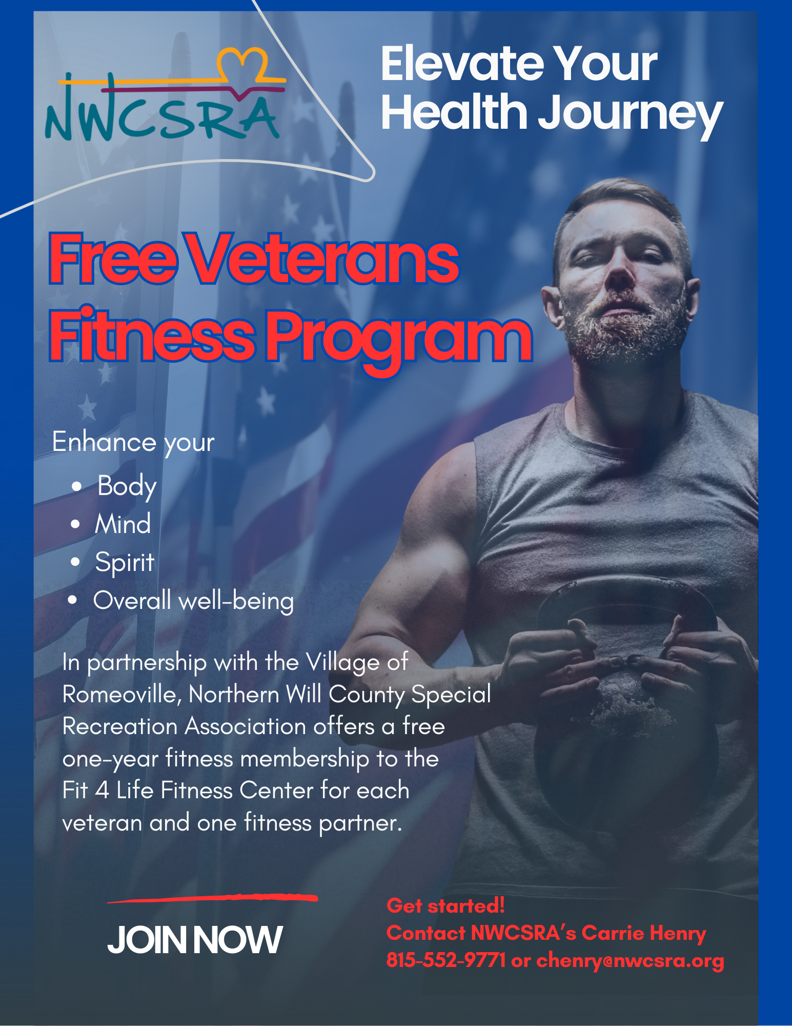 NWCSRA Veterans Fitness Flyer USA flag and man holding a kettle bell
