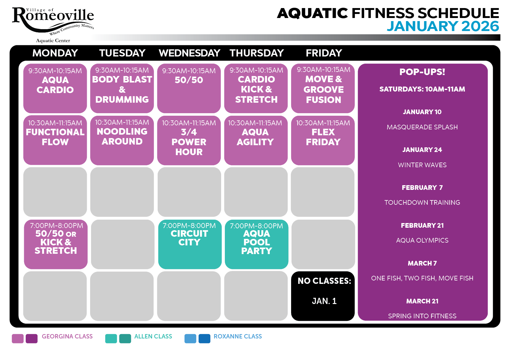 Aquatic Center Fitness Class Schedule January 2026