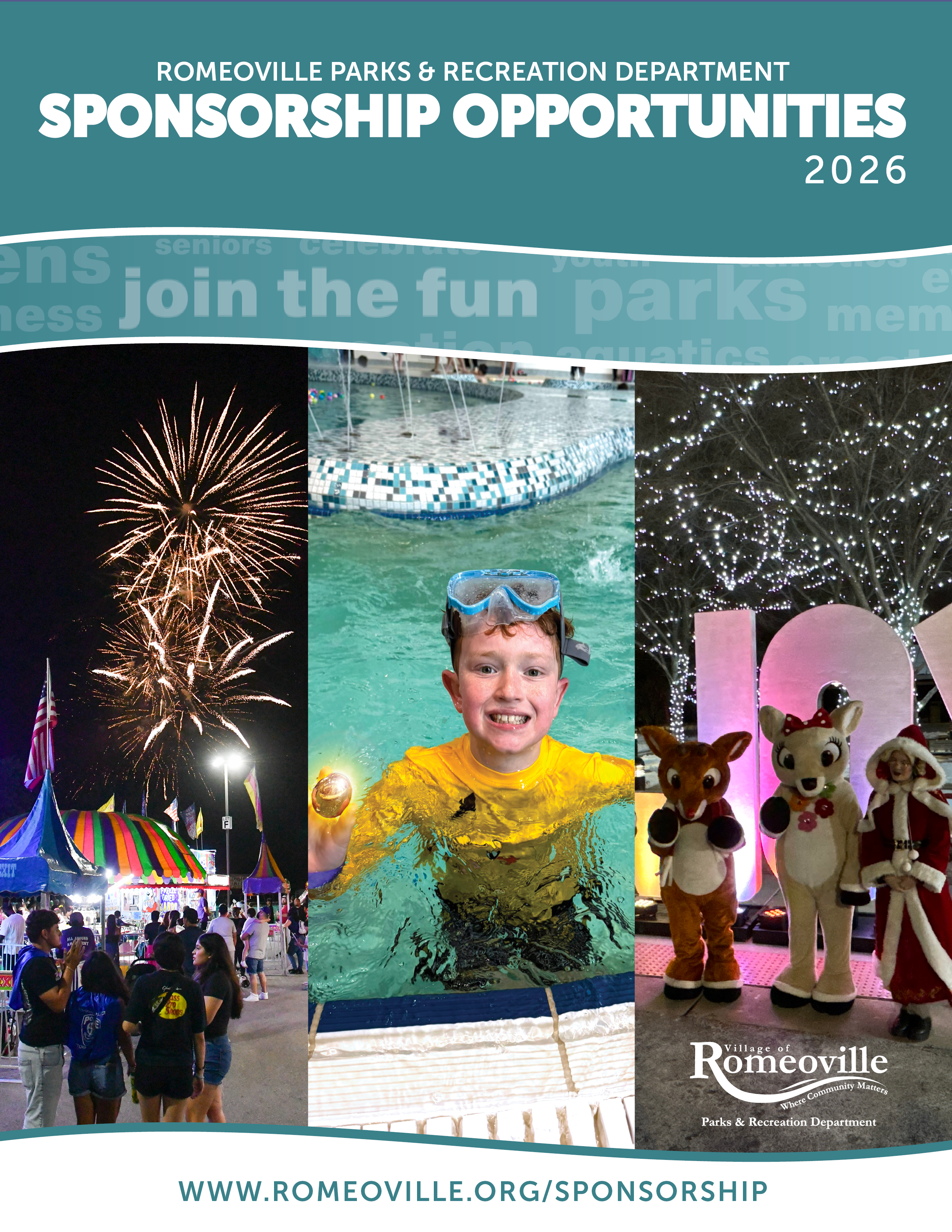 Cover of Sponsorship Booklet with photos of fireworks at RomeoFest, Boy with Golden Egg, Characters 