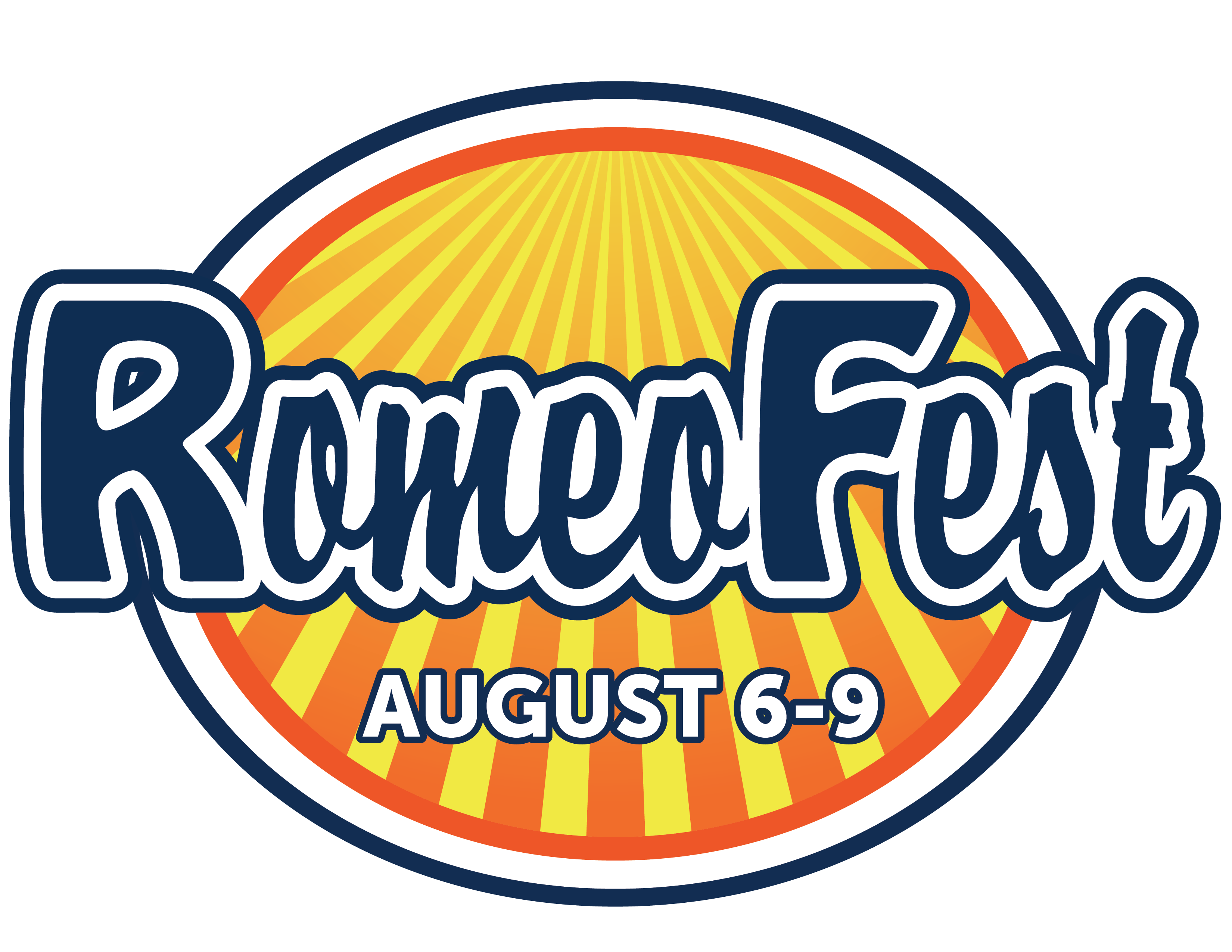 RomeoFest Logo 2026 August 6-9 dark blue letters on oval with orange and yellow rays from center