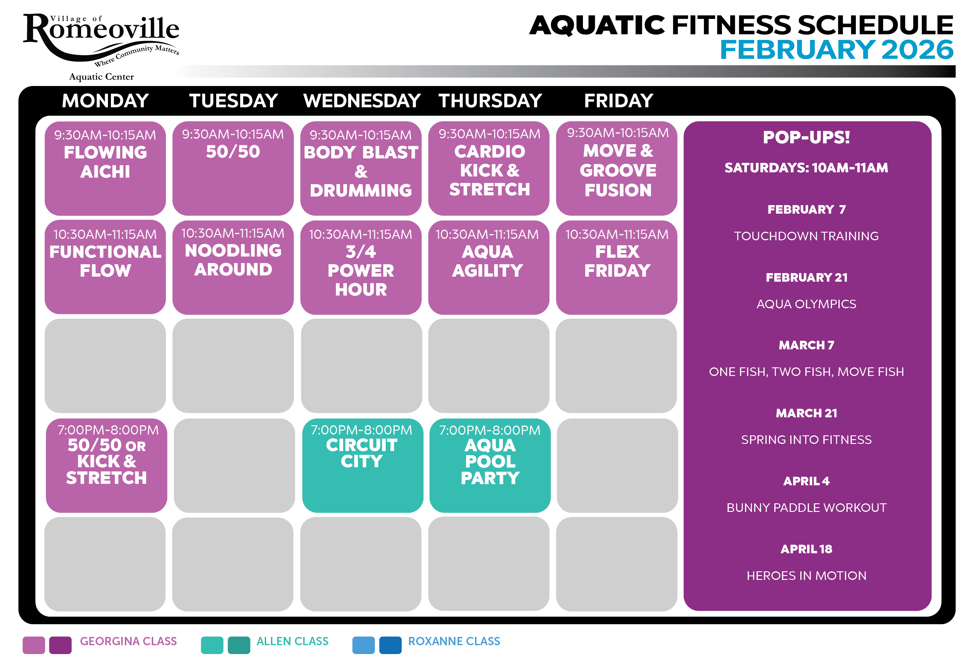 Calendar listing of all Aquatic Fitness Classes for February 2026