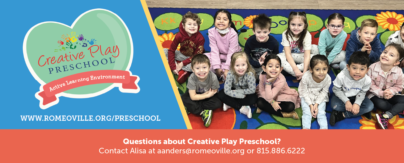 Creative Play Preschool logo and photo of preschool children sitting in a group on a colorful rug