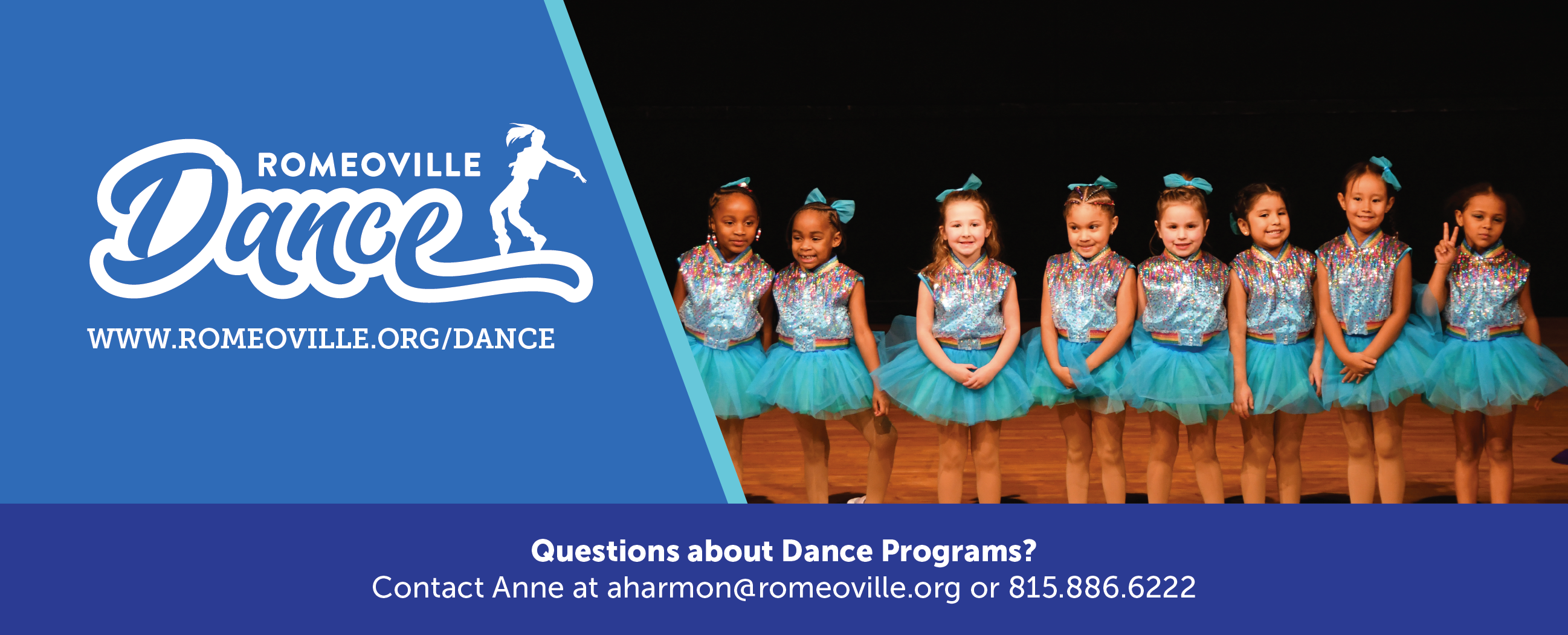 Romeoville Dance logo with photo of young dancers at a recital