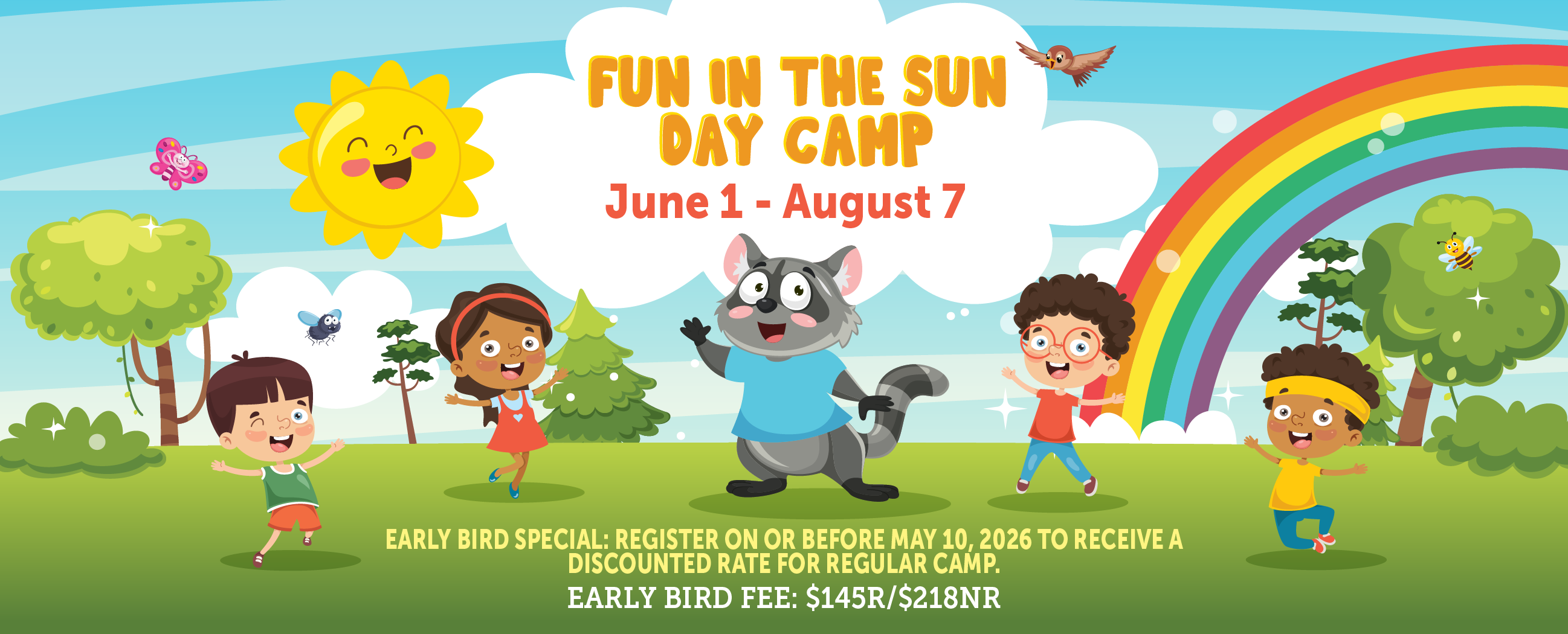 Fun In The Sun Day Camp 2026 illustration with Romeo raccoon and campers