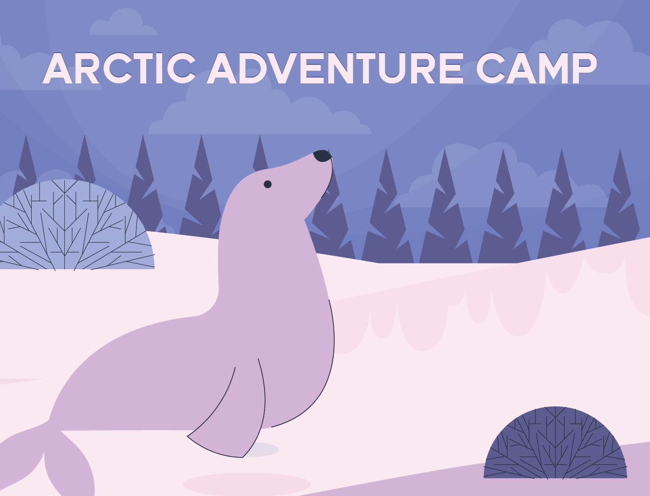 Arctic Adventure Camp Button with illustration of seal in a snowy winter scene