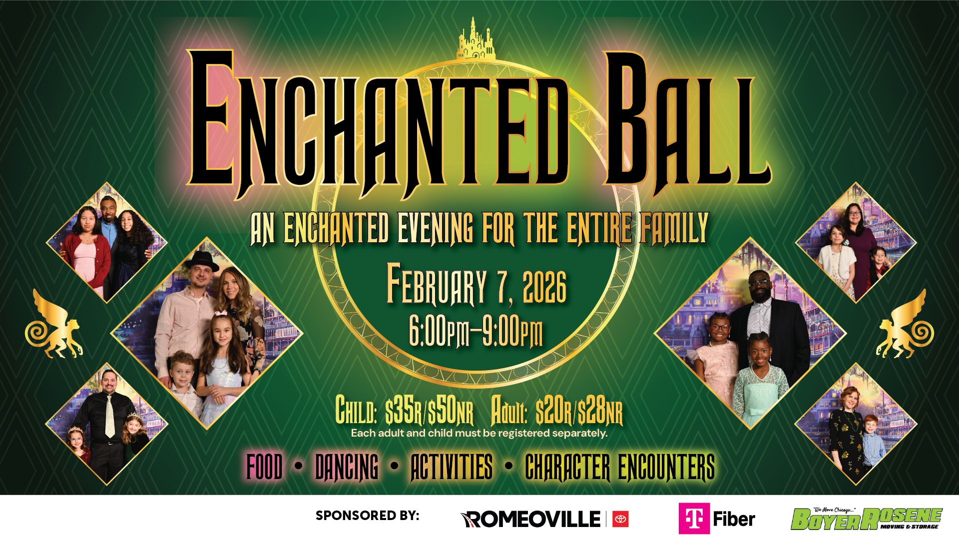 Wickedly Enchanted Ball 2026 art deco background in greens and pinks with symbols from film
