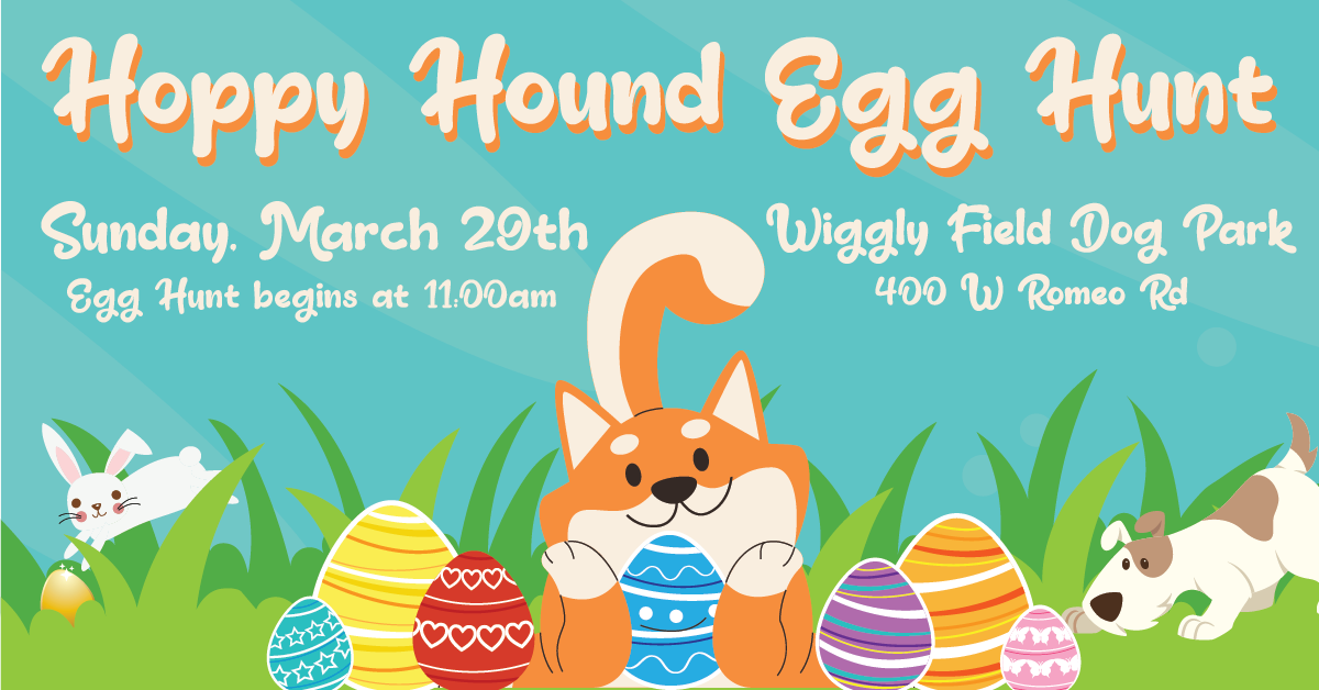 Hoppy Hound Egg Hunt with illustrations of dogs searching for eggs and a bunny with a golden egg