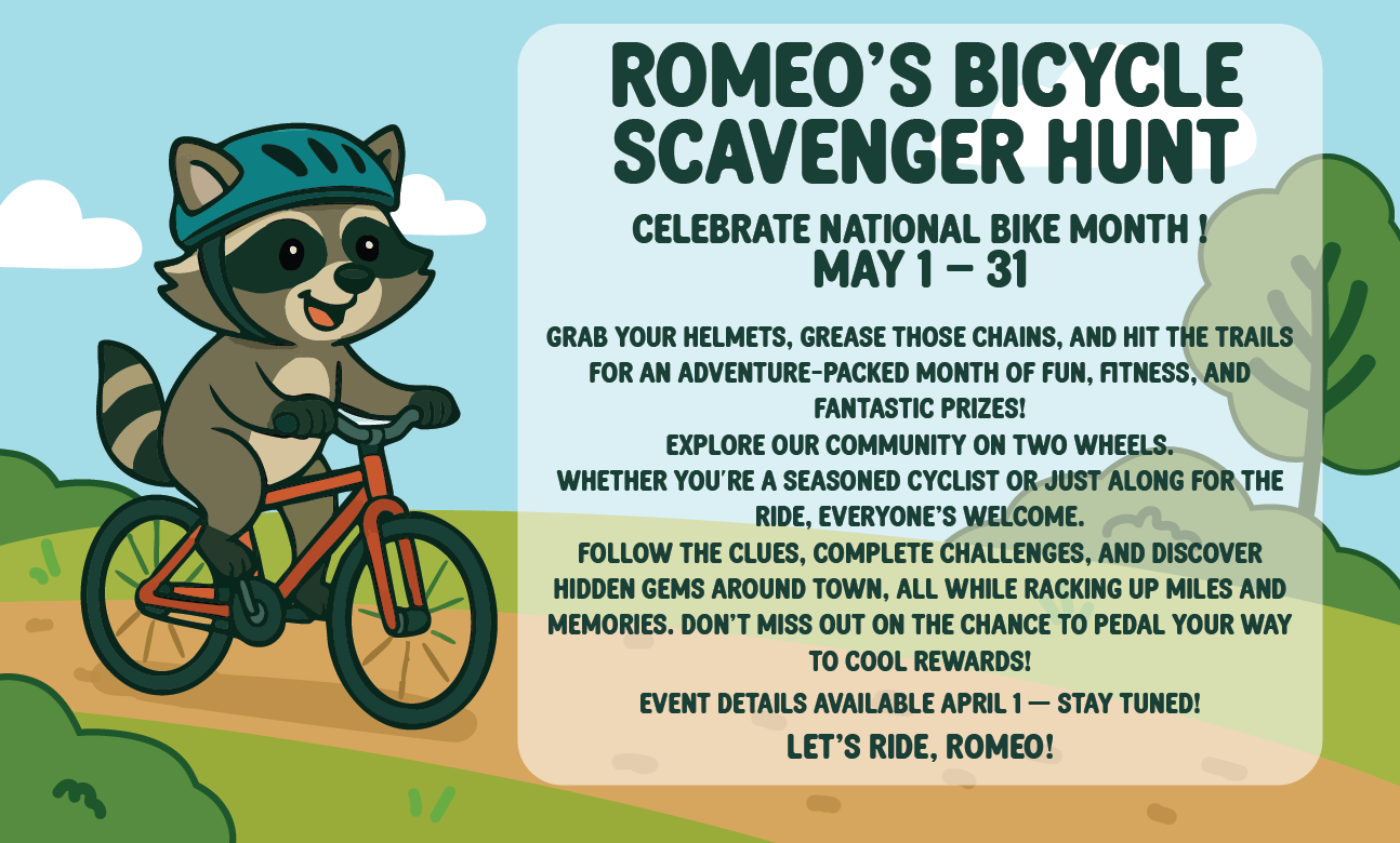 Romeos BIcycle Scavenger Hunt with racoon riding a bicycle in the park